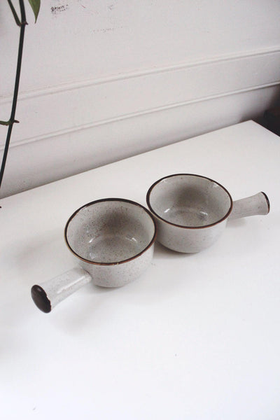 Vintage Japan Speckled Stoneware Soup Bowls Handles Set Of 2 Ceramic Handmade