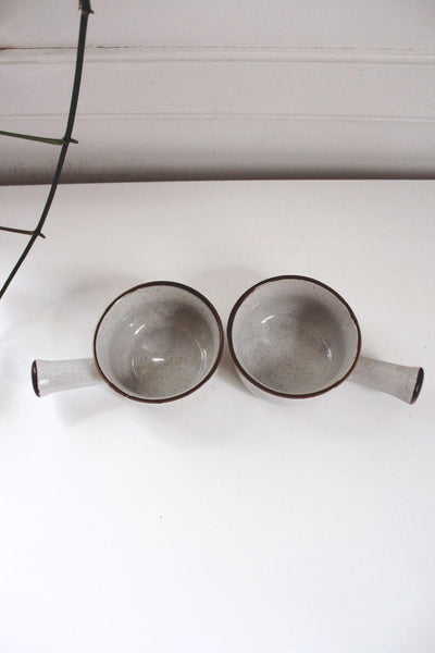 Vintage Japan Speckled Stoneware Soup Bowls Handles Set Of 2 Ceramic Handmade