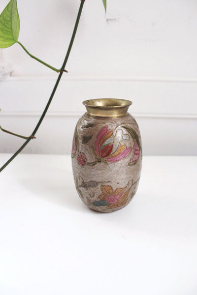 Handmade Vintage Brass Floral Etched Vase With Multicolor Enamel Detailing - 6 Inches Tall