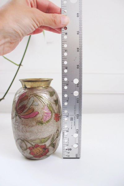 Handmade Vintage Brass Floral Etched Vase With Multicolor Enamel Detailing - 6 Inches Tall
