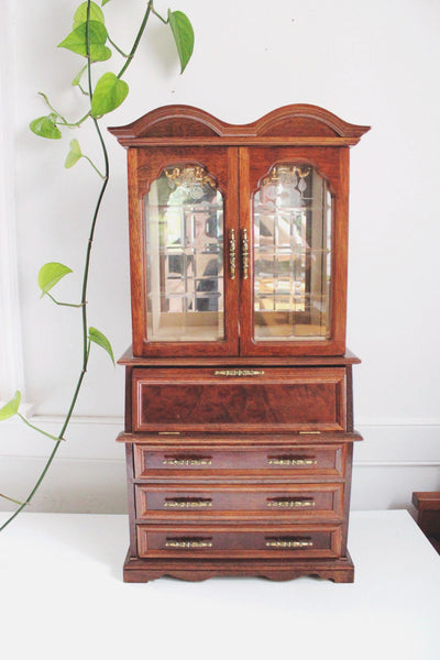 Vintage Wooden Jewelry Armoire Tabletop Cabinet Rosalco Glass Doors Storage Brass