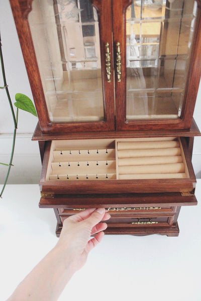 Vintage Wooden Jewelry Armoire Tabletop Cabinet Rosalco Glass Doors Storage Brass