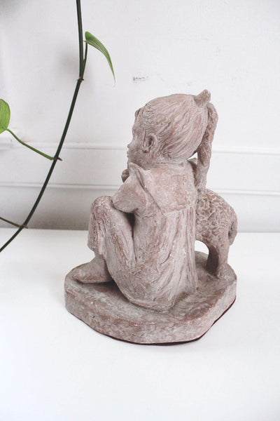 Vintage Klara Sever Girl Lamb Figurine Sculpture Handcrafted Stone 1975 Signed