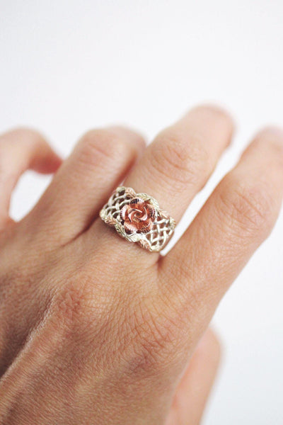 Vintage Black Hills Gold Carved Rose Basket-Weave Ring Sterling Silver 12k Rose Gold 6