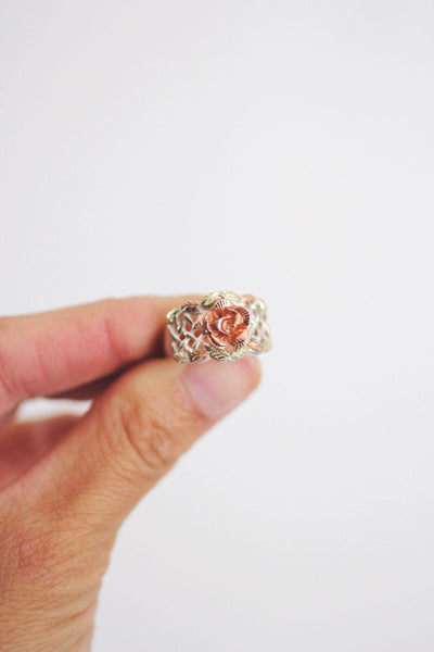 Vintage Black Hills Gold Carved Rose Basket-Weave Ring Sterling Silver 12k Rose Gold 6