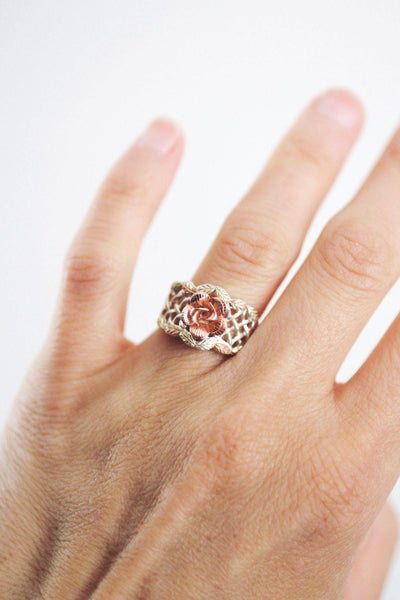 Vintage Black Hills Gold Carved Rose Basket-Weave Ring Sterling Silver 12k Rose Gold 6