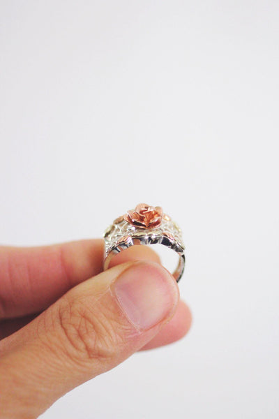 Vintage Black Hills Gold Carved Rose Basket-Weave Ring Sterling Silver 12k Rose Gold 6
