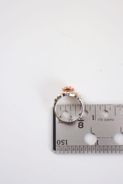 Vintage Black Hills Gold Carved Rose Basket-Weave Ring Sterling Silver 12k Rose Gold 6