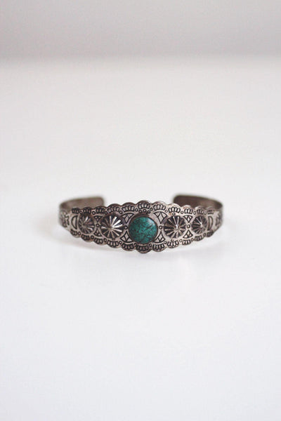 Vintage Southwestern Sterling Silver Turquoise Cuff Bracelet Stamped Scalloped