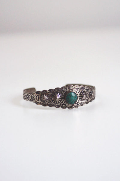 Vintage Southwestern Sterling Silver Turquoise Cuff Bracelet Stamped Scalloped