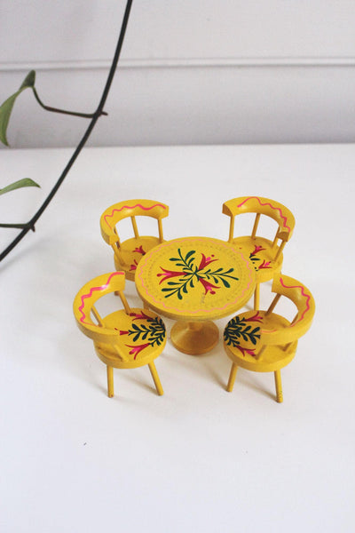 Vintage Yellow Wooden Miniature Table & Chair Set Hand-Painted Floral Design Made In Japan