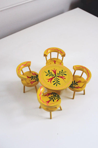 Vintage Yellow Wooden Miniature Table & Chair Set Hand-Painted Floral Design Made In Japan
