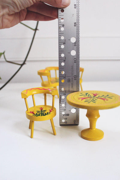 Vintage Yellow Wooden Miniature Table & Chair Set Hand-Painted Floral Design Made In Japan