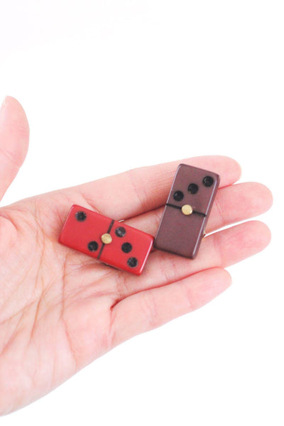 Vintage Bakelite Domino Clip-On Earrings Red Brown Retro Jewelry Accessories