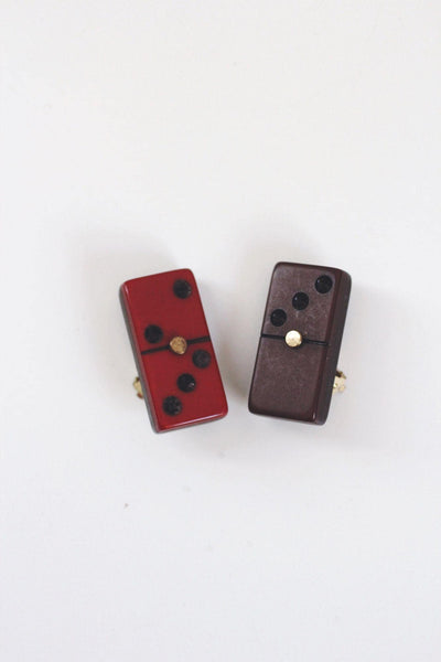 Vintage Bakelite Domino Clip-On Earrings Red Brown Retro Jewelry Accessories