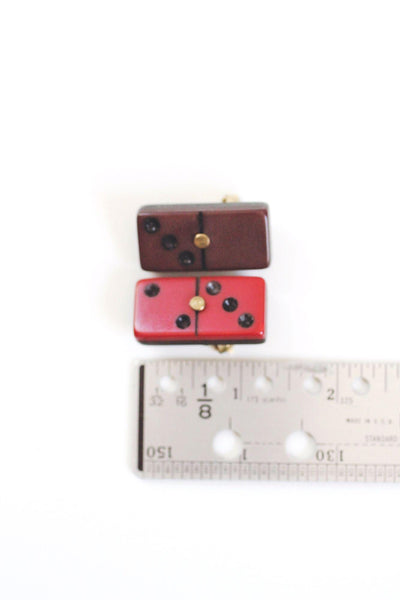 Vintage Bakelite Domino Clip-On Earrings Red Brown Retro Jewelry Accessories