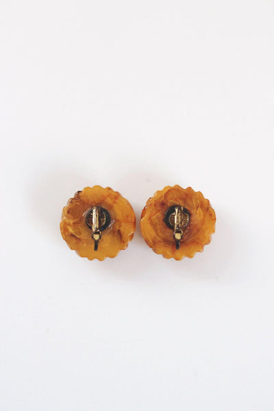 Vintage Carved Butterscotch Bakelite Button Clip-On Earrings Marbled Art Deco 30s 40s