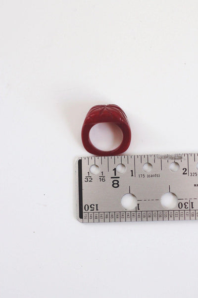 Carved Red Bakelite Ring Floral Vintage Statement Jewelry Size 5 Art Deco Women