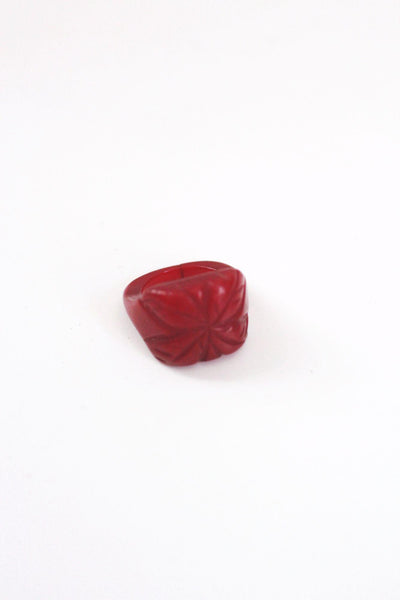 Carved Red Bakelite Ring Floral Vintage Statement Jewelry Size 5 Art Deco Women