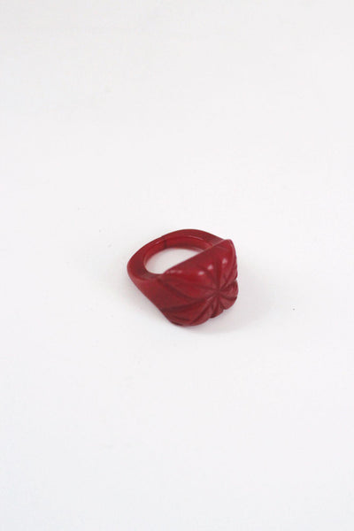 Carved Red Bakelite Ring Floral Vintage Statement Jewelry Size 5 Art Deco Women