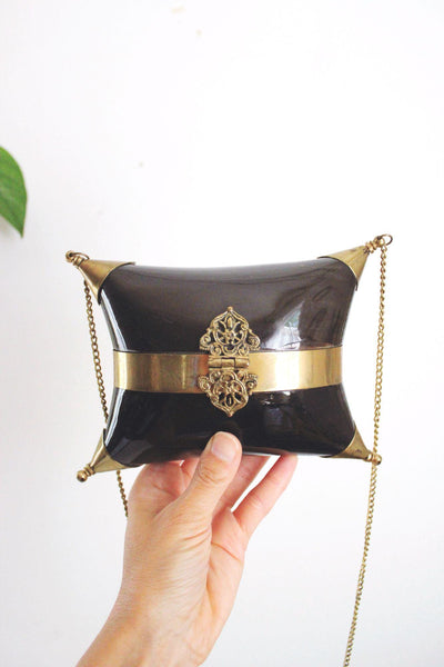 Vintage Black Gold Brass Pillow Purse Cushion Purse Minaudiere Art Deco Chain Strap
