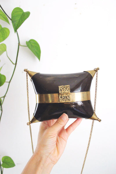 Vintage Black Gold Brass Pillow Purse Cushion Purse Minaudiere Art Deco Chain Strap