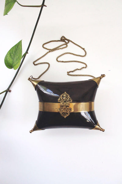 Vintage Black Gold Brass Pillow Purse Cushion Purse Minaudiere Art Deco Chain Strap