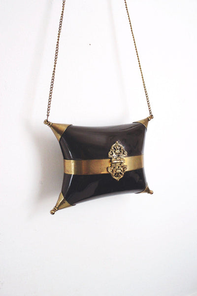 Vintage Black Gold Brass Pillow Purse Cushion Purse Minaudiere Art Deco Chain Strap