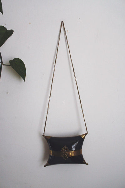 Vintage Black Gold Brass Pillow Purse Cushion Purse Minaudiere Art Deco Chain Strap