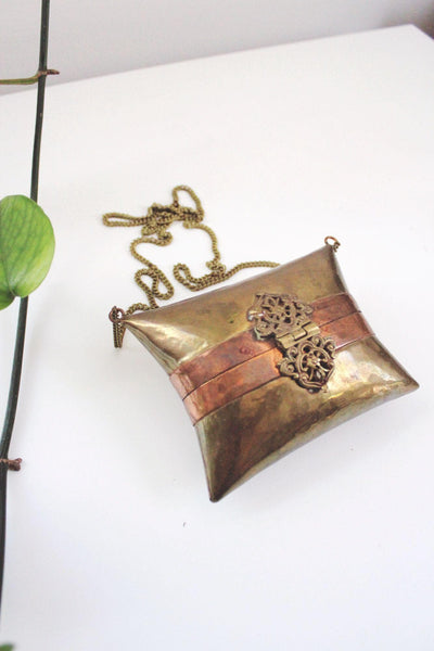 Vintage Art Deco Brass Copper Pillow Purse Minaudiere Chain Strap 20s 30s Antique