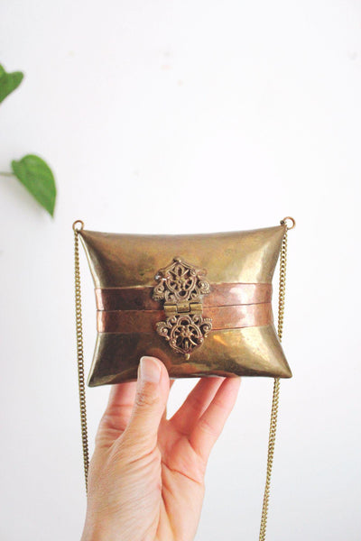 Vintage Art Deco Brass Copper Pillow Purse Minaudiere Chain Strap 20s 30s Antique