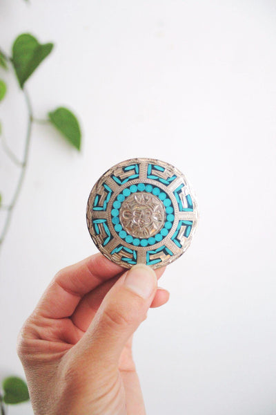 Vintage Sterling Silver Turquoise Brooch Pendant Mosaic Inlay Aztec Mayan