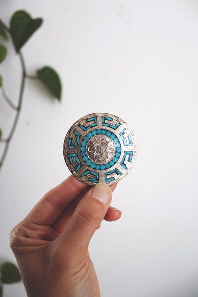 Vintage Sterling Silver Turquoise Brooch Pendant Mosaic Inlay Aztec Mayan