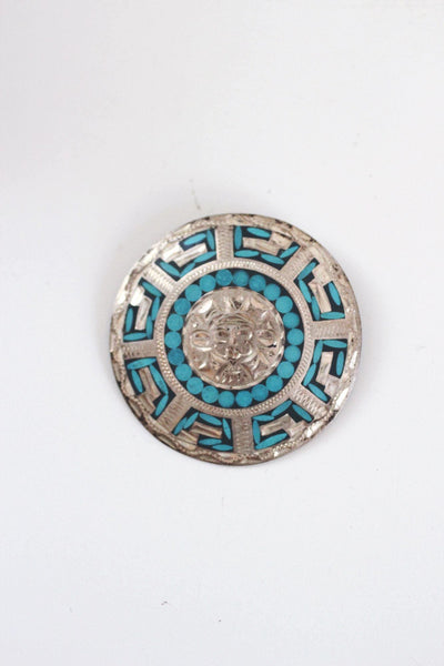 Vintage Sterling Silver Turquoise Brooch Pendant Mosaic Inlay Aztec Mayan