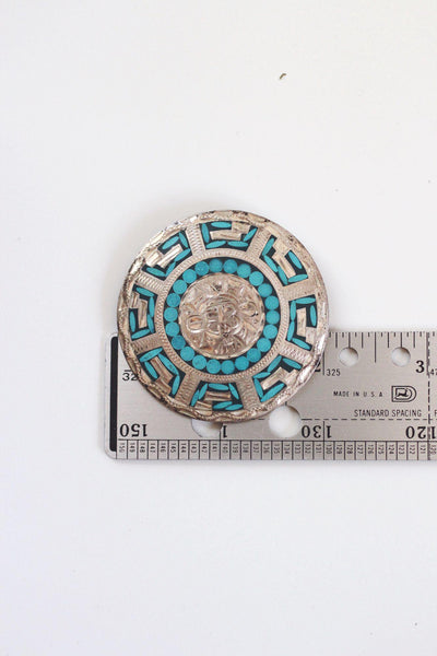 Vintage Sterling Silver Turquoise Brooch Pendant Mosaic Inlay Aztec Mayan