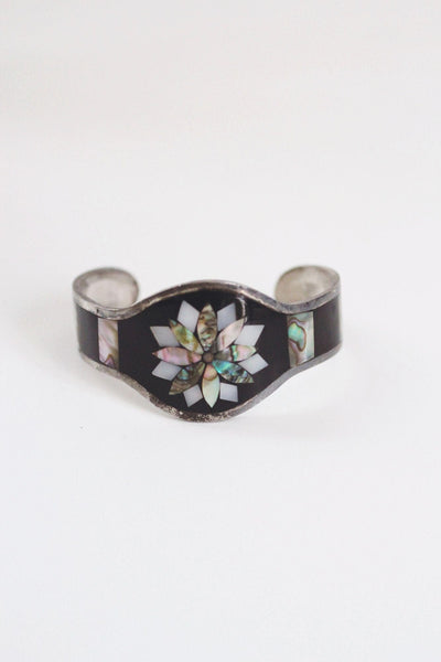 Vintage Alpaca Silver Abalone Mother-Of-Pearl Inlay Cuff Bracelet Enamel Mexico