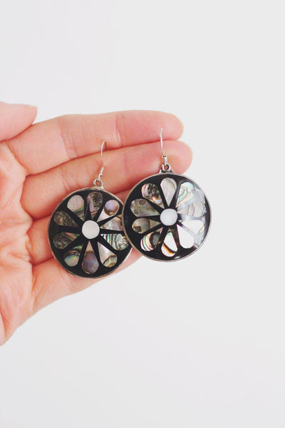 Vintage Mexican Alpaca Silver Abalone Shell Flower Dangle Earrings Boho Jewelry