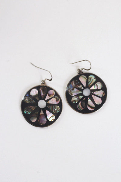 Vintage Mexican Alpaca Silver Abalone Shell Flower Dangle Earrings Boho Jewelry