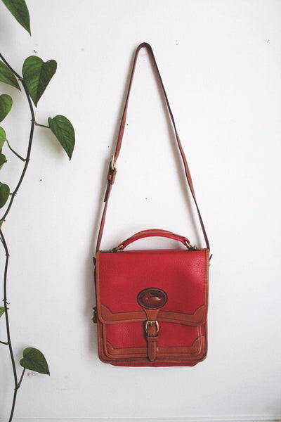 Dooney Bourke Red & Tan Leather Vintage Crossbody Satchel Handbag With Adjustable Strap