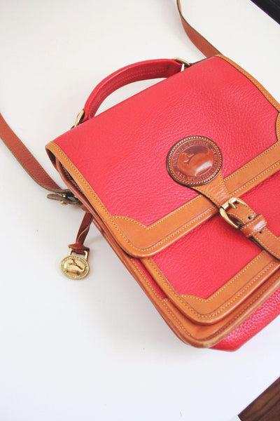 Dooney Bourke Red & Tan Leather Vintage Crossbody Satchel Handbag With Adjustable Strap