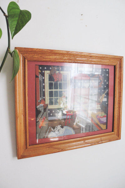 Vintage Framed Cross Stitch Art Kitchen Kittens Cozy Country Home Cat Cottagecore