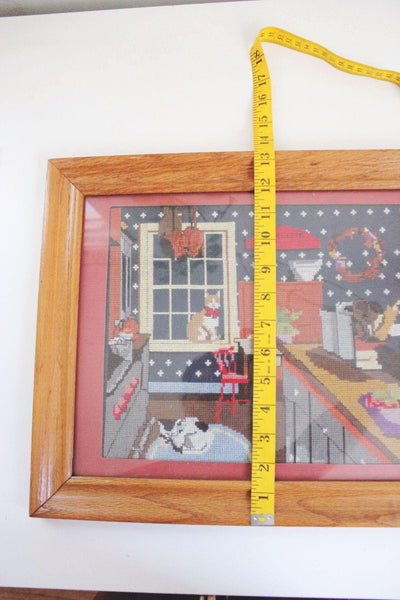 Vintage Framed Cross Stitch Art Kitchen Kittens Cozy Country Home Cat Cottagecore