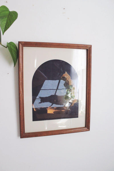 Vintage Framed Cross-Stitch Cat Wall Art Wooden 80s Up and Over Cottagecore