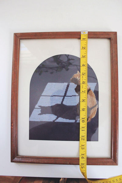 Vintage Framed Cross-Stitch Cat Wall Art Wooden 80s Up and Over Cottagecore