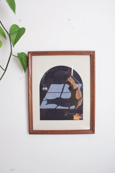 Vintage Framed Cross-Stitch Cat Wall Art Wooden 80s Up and Over Cottagecore