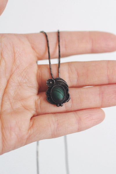 Vintage Sterling Silver Pendant Necklace With Green Malachite Stone & Floral Design