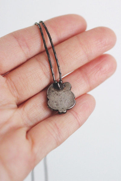 Vintage Sterling Silver Pendant Necklace With Green Malachite Stone & Floral Design
