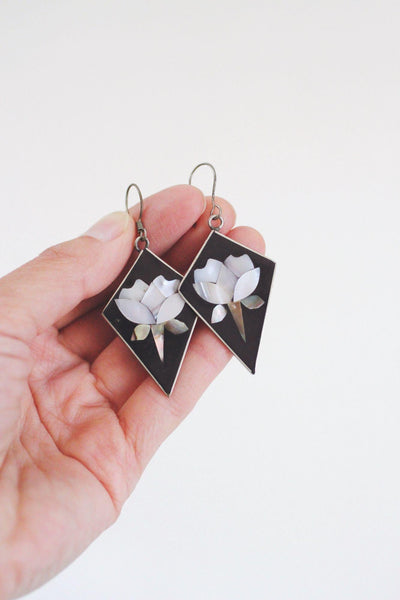 Vintage Mexican Alpaca Silver Dangle Earrings Mother Of Pearl Inlay Floral Abalone Shell
