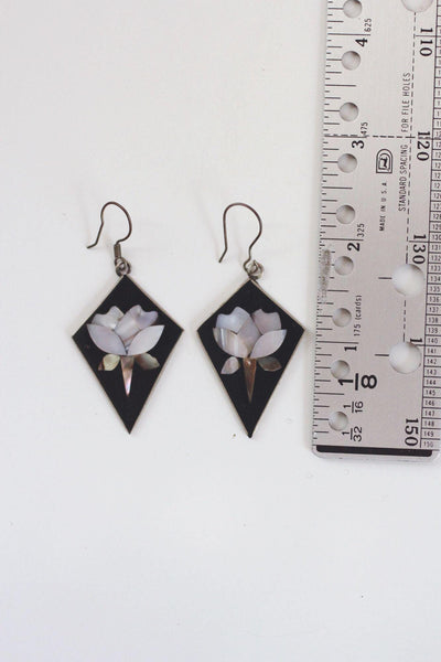 Vintage Mexican Alpaca Silver Dangle Earrings Mother Of Pearl Inlay Floral Abalone Shell