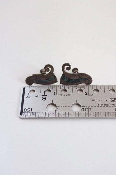 Vintage Sterling Silver Abalone Earrings Taxco Mexican Modernist Swirl Screw Back Clip On